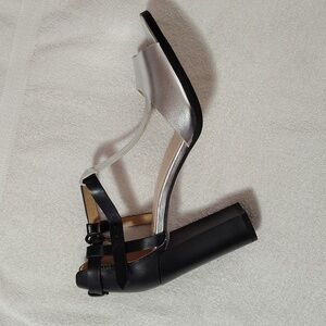 French Blu Black Silver Metallic Adi Ankle Strap Block High Heel Dress Sandals